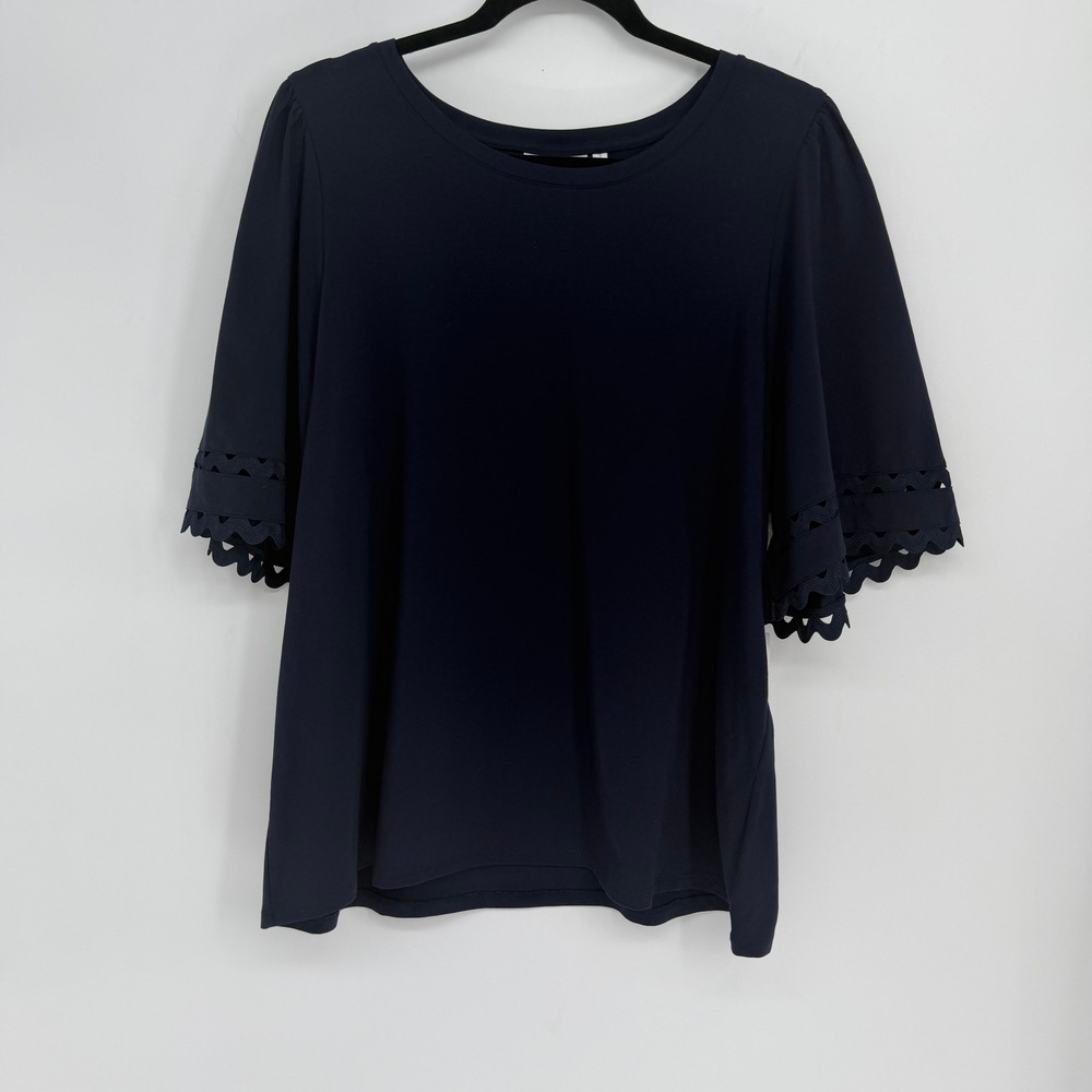 Chicos Navy Blue Eyelet Flutter Sleeve Knit Top Scallop Trim 570342461 NEW